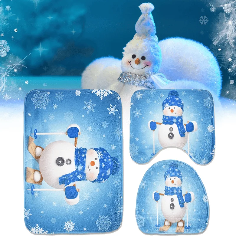 3Pcs Set Christmas Snowman Toilet Seat Covers Bathroom Carpet No-Slip Rug Xmas Decor