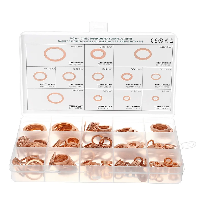 280Pcs 12 Sizes Assorted Crush Copper Washer Gasket Set Flat Ring Seal Kit Tools