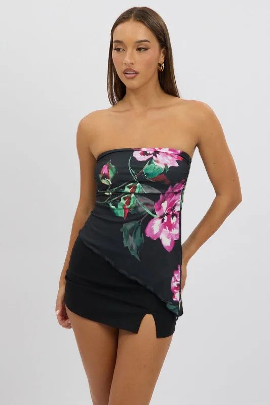 Black Floral Bandeau Top