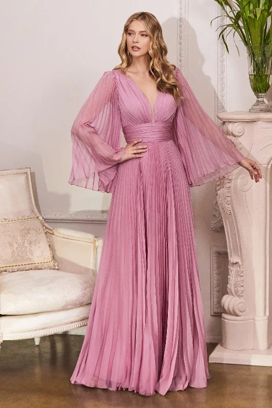 Cinderella Divine CD242 Long Sleeve Pleated Formal Prom Dress Blossom Pink