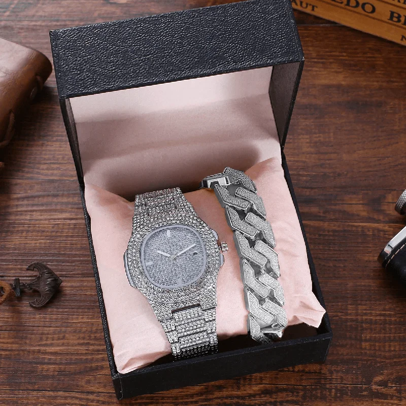 2Pcs/ Set Luxury Fashion Women Wristwatch Set Bling Inlaid Rhinestone Quartz Watch Jewelry Gift