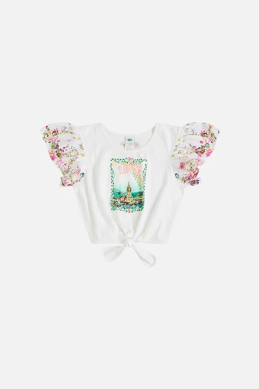 CROPPED TEE W TIE & EMBROIDERED SLEEVES 4-10 MUNCHKINLAND