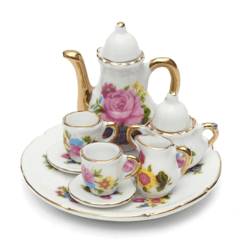 8Pcs Porcelain Vintage Tea Sets Teapot Coffee Retro Floral Cups Doll House Decor Toy