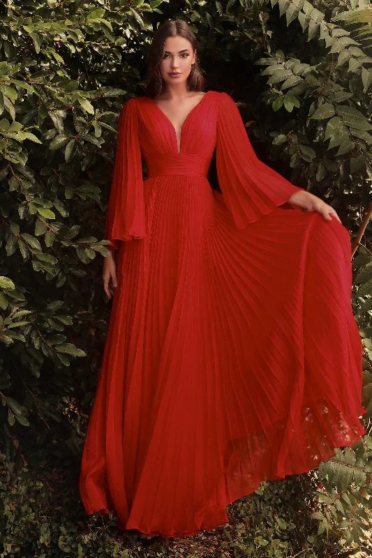 Cinderella Divine CD242 Long Sleeve Pleated Formal Prom Dress Red