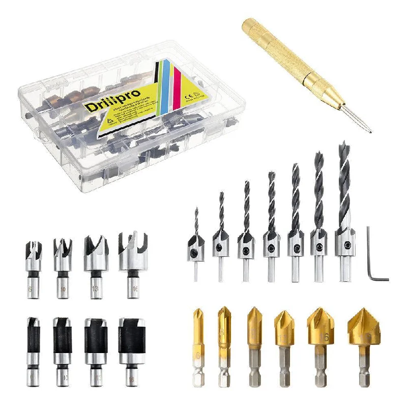 Drillpro 23pcs Woodworking Chamfering Countersunk Drill Bit Set 5 Flute Chamfering Drill Wood Plug Cutter Automatic Center Punch Drill