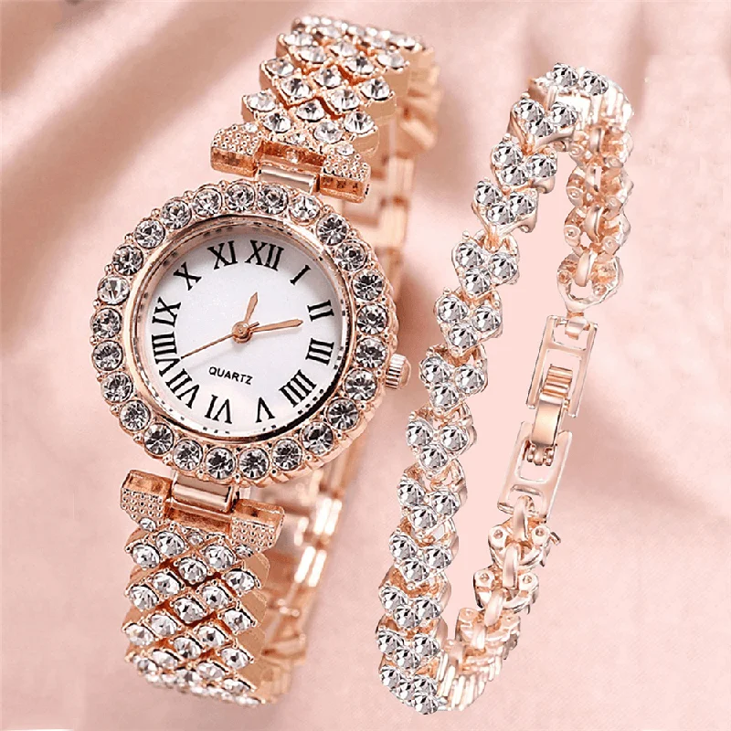 XSVO Watch Set Luxury Elegant Style Women Quartz Watch Diamond-Studded Bracelet for Mothers Girlfriend Ladies