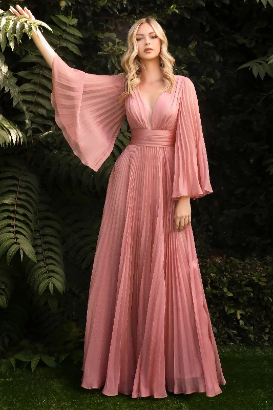 Cinderella Divine CD242 Long Sleeve Pleated Formal Prom Dress Rose Gold