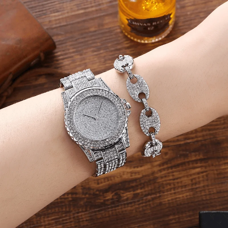 XSVO 3Pcs Full Diamond Steel Band Hip Hop Temperament Quartz Watch Rhinestone Bracelet Necklace Set