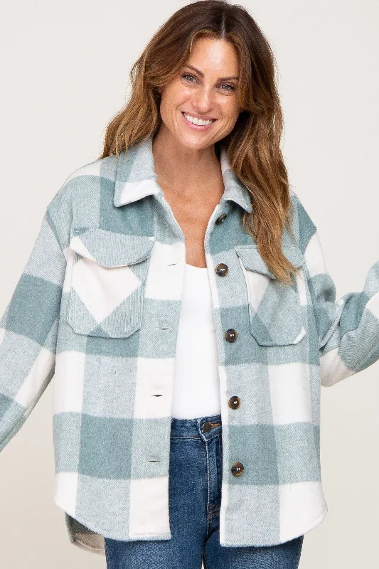 Green Plaid Knit Shirt Jacket