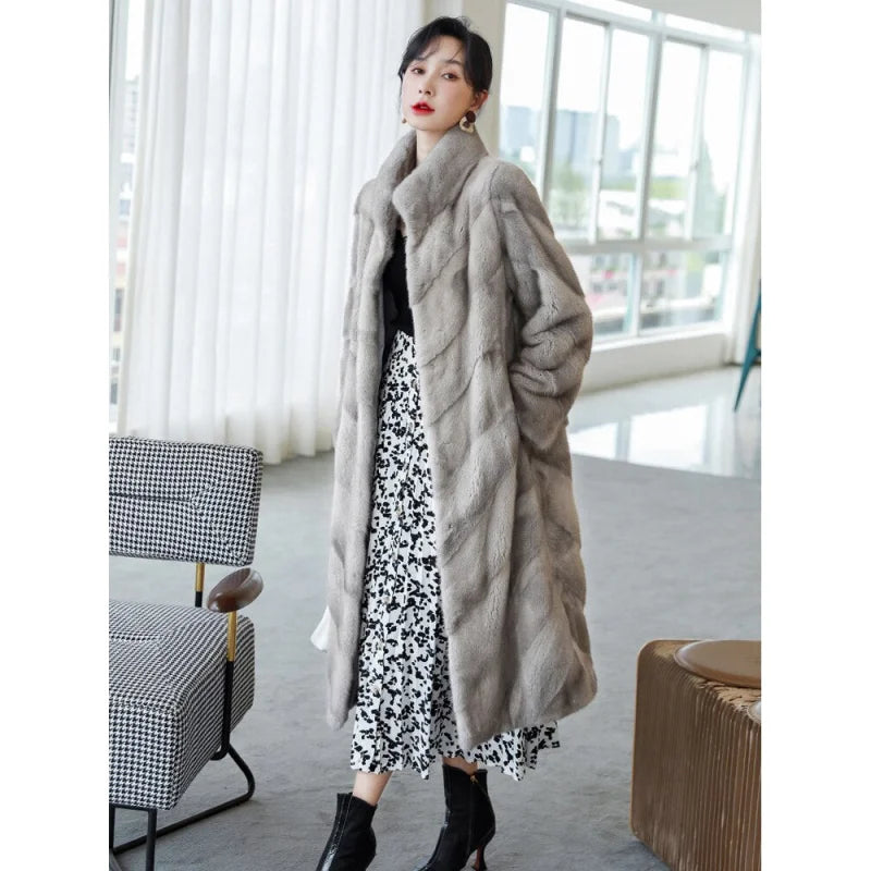 Women's Luxury Winter Warm Real Mink Fur Mandarin Collar Thick Long Jacket