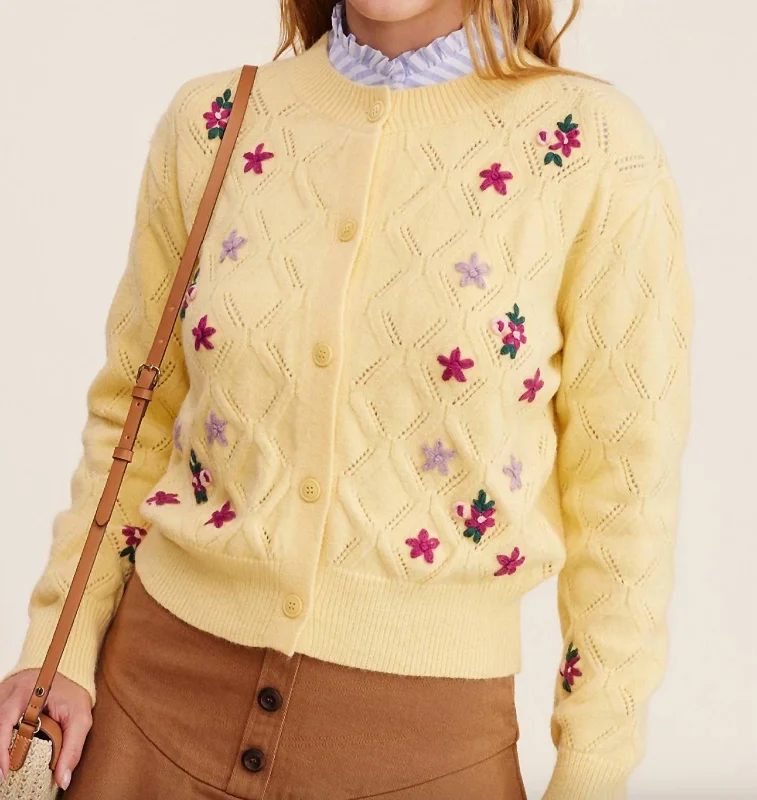 Pop Floral Sweater Weaved Cardigan In Yellow