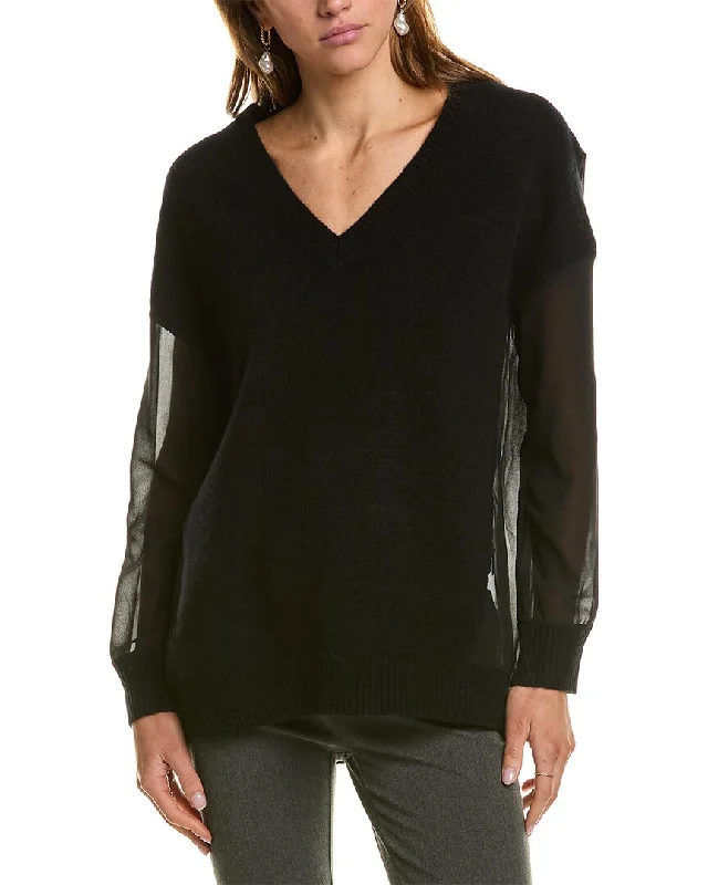 Reiss Shelly Hybrid Knit Sheer V-Neck Sweater