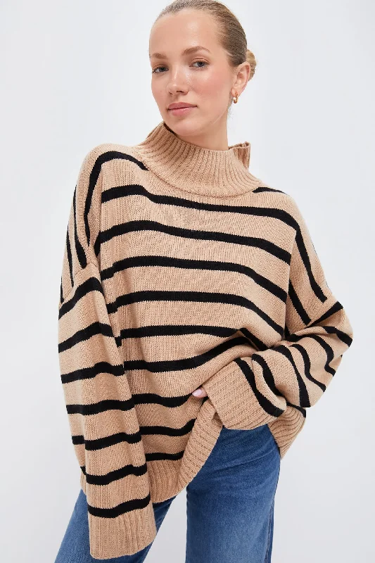 Soft Taupe and Black Oversized Funnel Neck Sweater