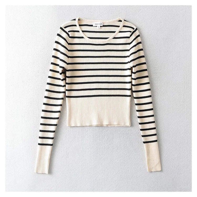 U-neck striped long sleeve slim fitting bottomed sweater for women  7736