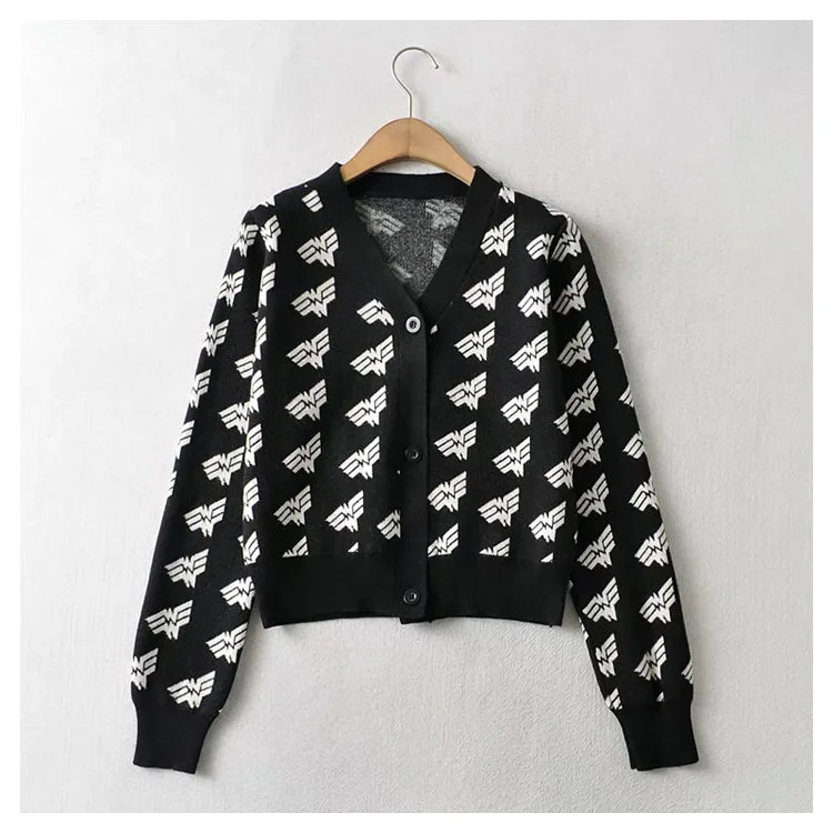 V-neck jacquard breasted knitted cardigan coat  7404