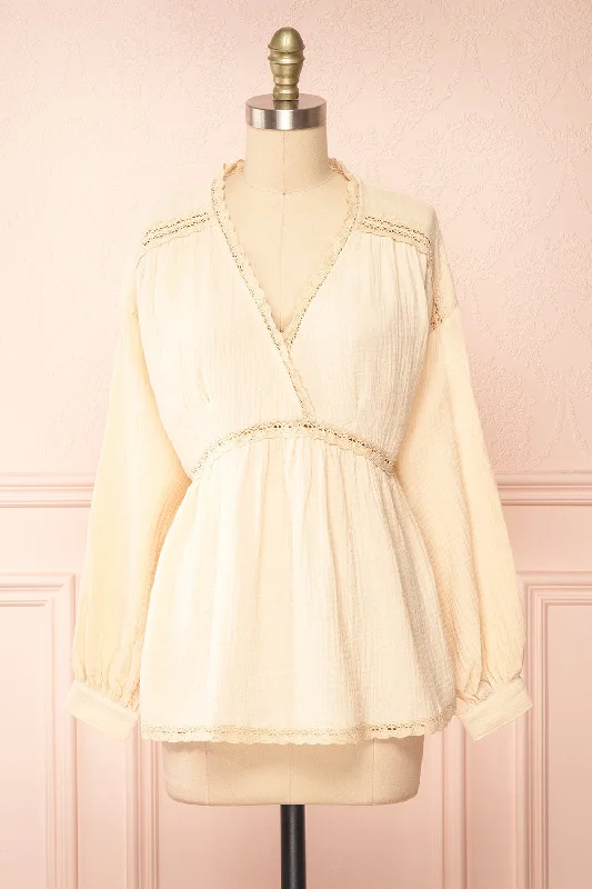 Claramae | Waffle Beige Shirt w/ Lace