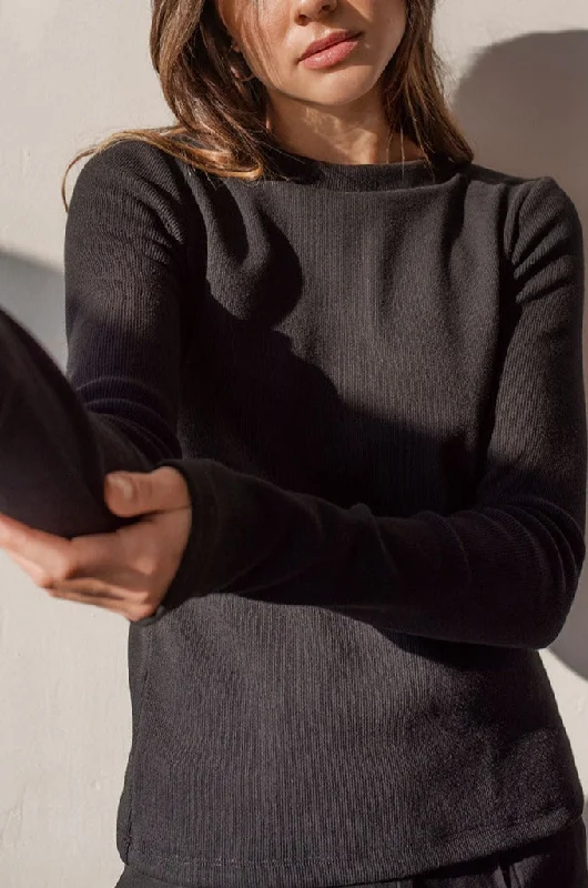 Ziee Black | Ribbed Long Sleeve Crew Neck Shirt