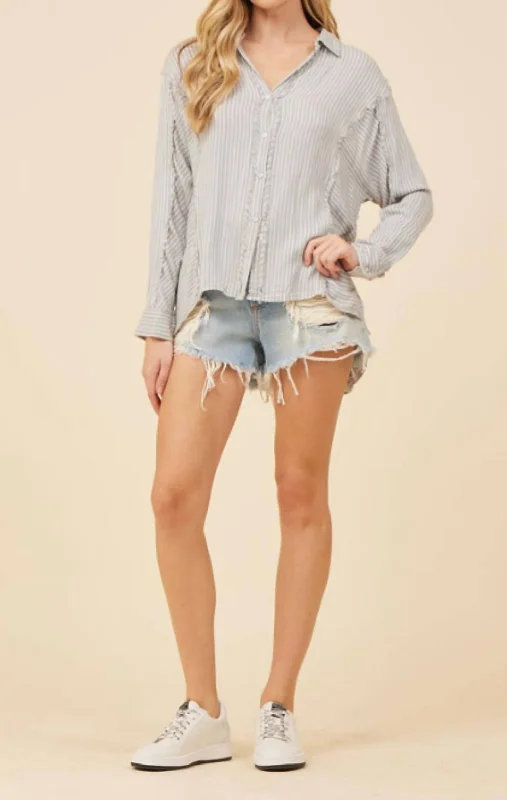 Crochet Button Front Shirt In Denim/white Stripe