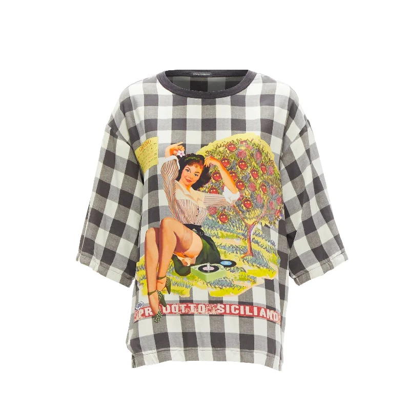 Dolce & Gabbana silk pinup girl print checkered boxy tshirt top