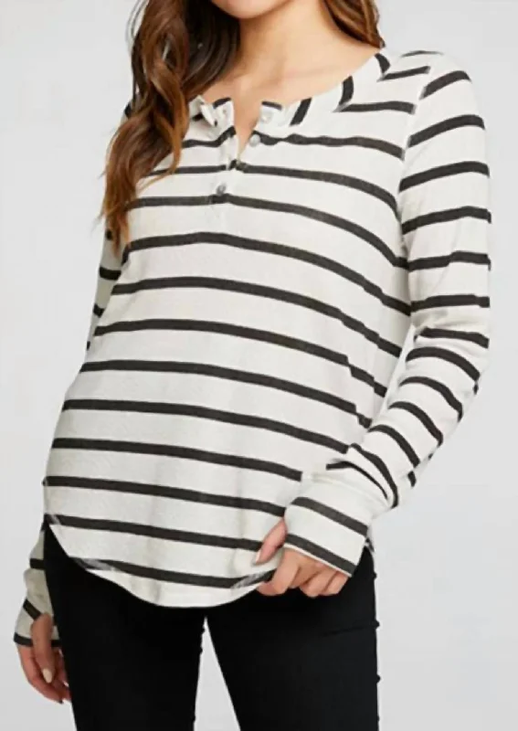 Heritage Waffle Long Sleeve Henley Shirt In Stripe Black/ivory