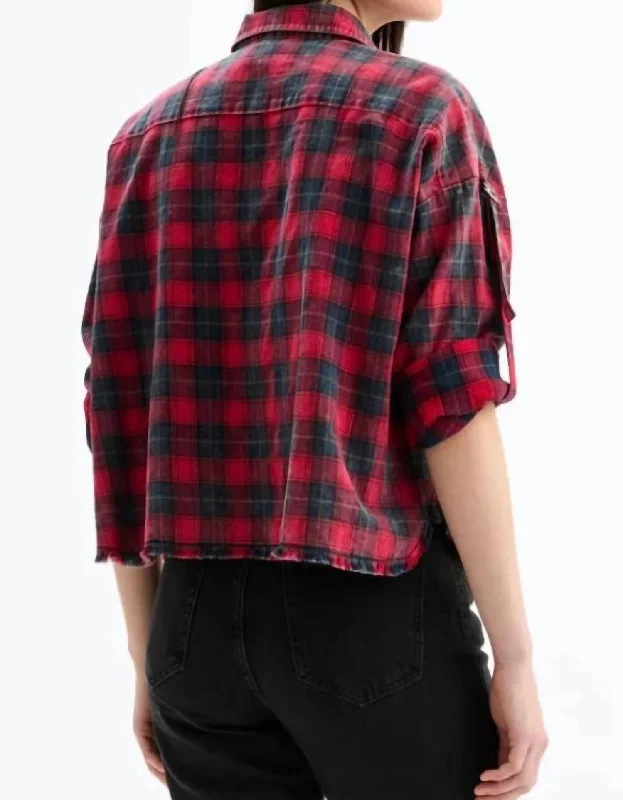 Jojo - Rolled Up Sleeve Plaid Shirt In Black/grey/red Plaid