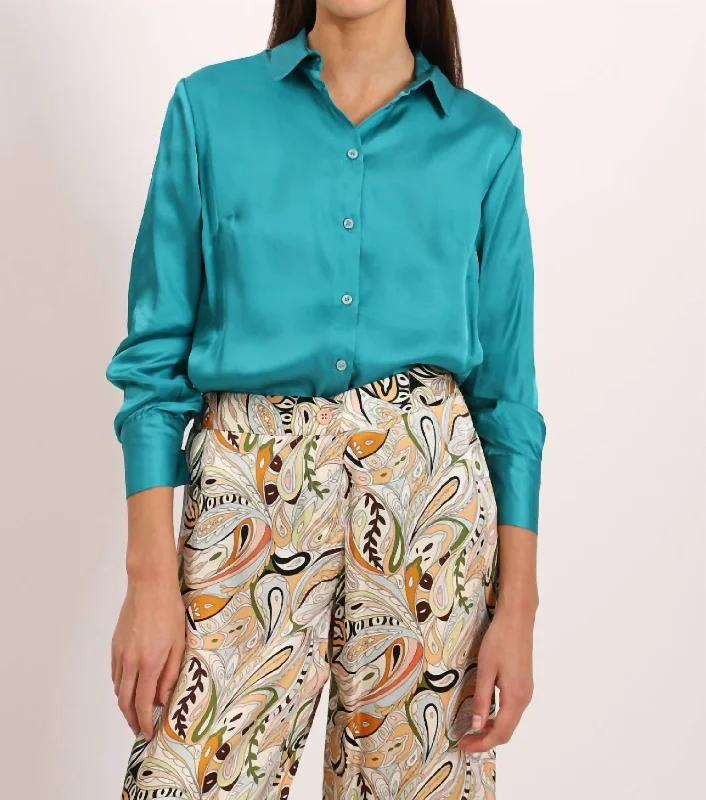 Maximillion Satin Button Down Shirt In Teal