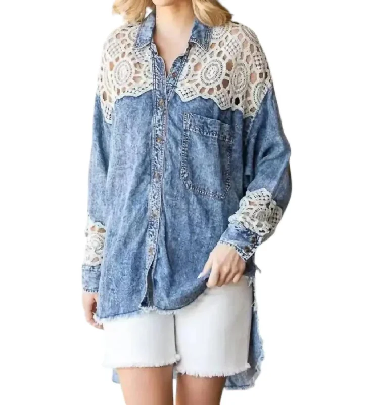 Mineral Washed Lace Yoke Tencel Shirts In Blue/white