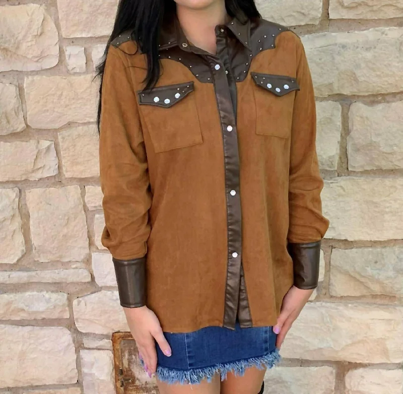 Suede Western Shirt In Brown Faux Suede