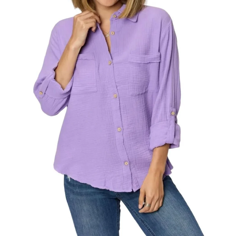 Texture Button Up Raw Hem Long Sleeve Shirt In Lavender