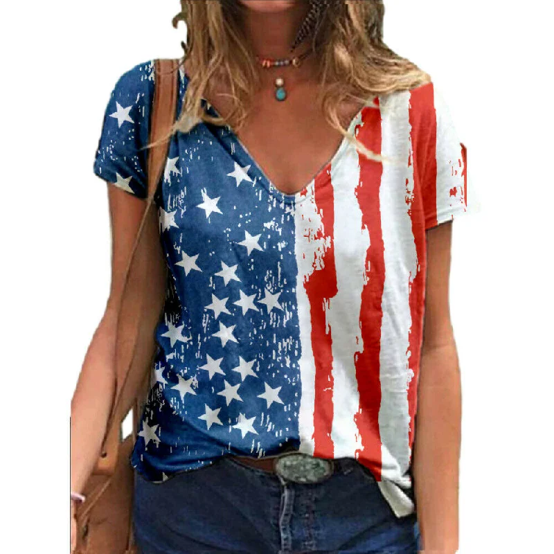 V Neck T-Shirt American Flag Print