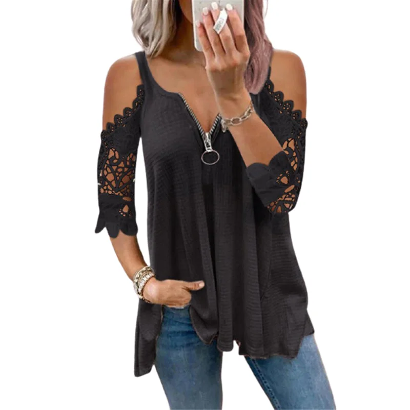 Low-Cut V-Neck Zipper Stitching Lace T-Shirt