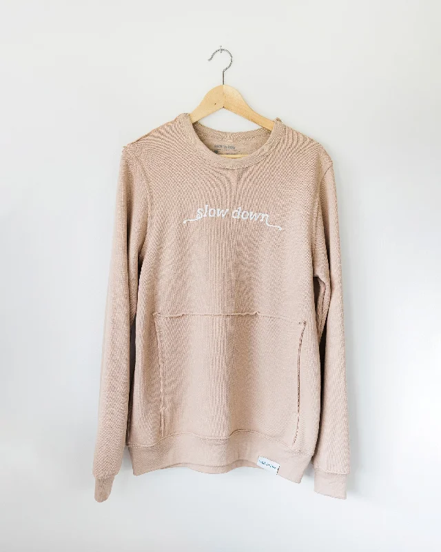 Slow Down Tan Raw Seam Pullover Pocket Sweatshirt