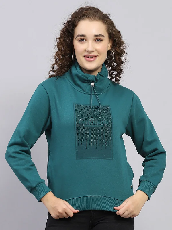 Women Green Printed High Neck Full Sleeve Sweatshirt