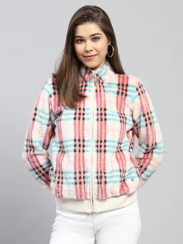 Women Pink Check Mock Neck Full Sleeve Sweatshirt