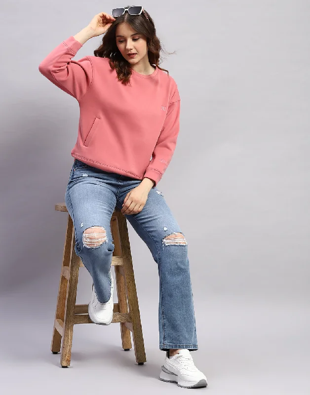 Women Pink Solid Round Neck Full Sleeve Sweatshirt