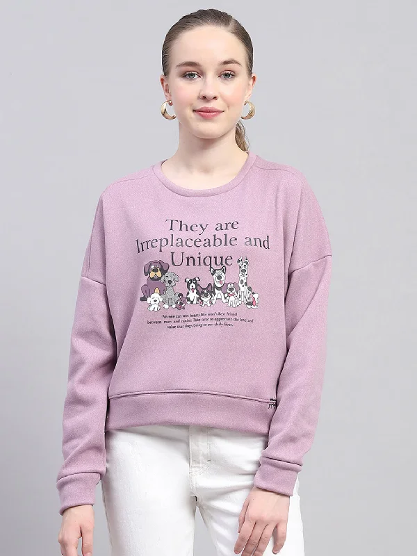 Women Purple Printed Round Neck Full Sleeve Sweatshirt