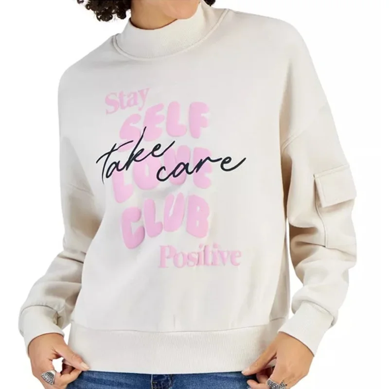 Grayson Threads: The Label Juniors Self Love Club Mock Neck Sweatshirt in Beige