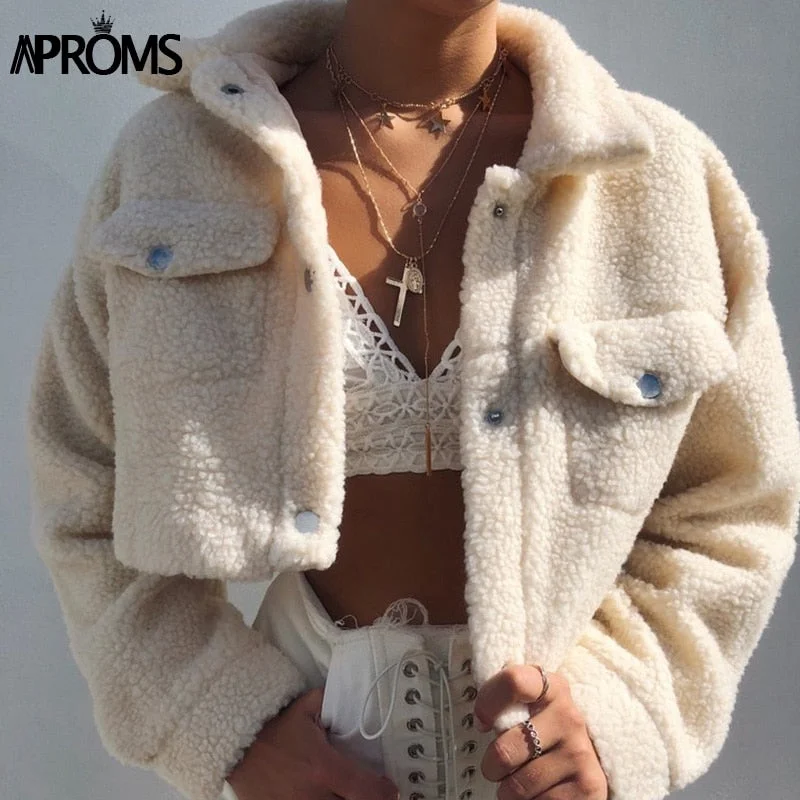 Aproms Elegant Solid Color Cropped Teddy Jacket Women Front Pockets Thick Warm Coat Autumn Winter Soft Short Jackets Female 2020