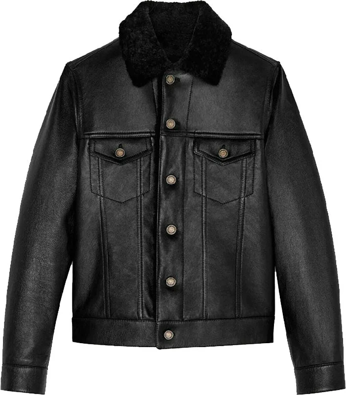 Mens Denim Style Genuine Leather Jacket With Fur