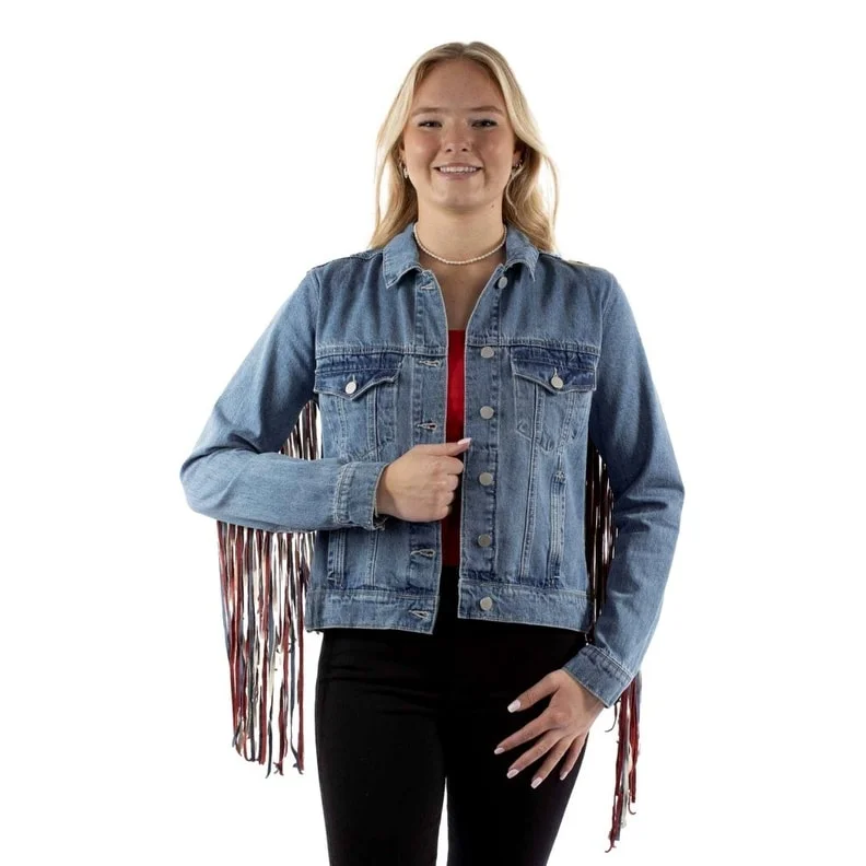 Scully Western Jacket Womens Denim Fringe Red White Blue F0_HC943