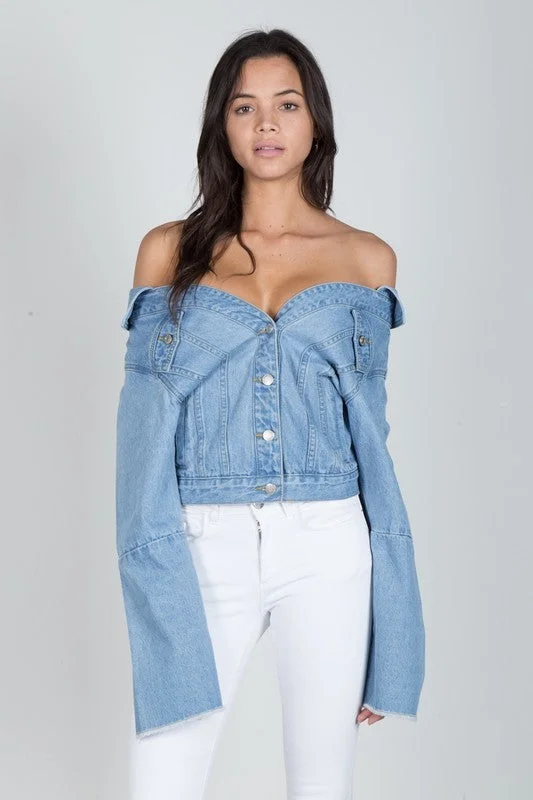 THE MYSTYLEMODE DENIM OFF SHOULDER SWEETHEART JEAN JACKET