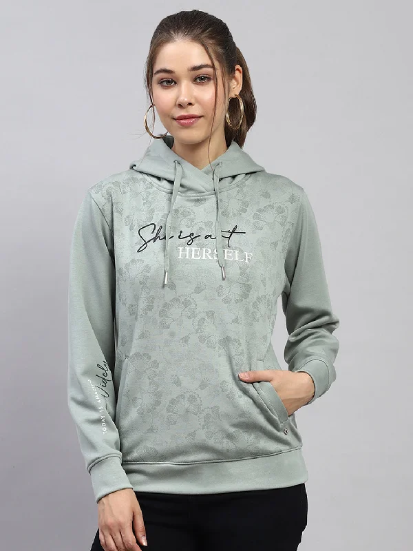 Women Green Printed Hooded Full Sleeve Sweatshirt