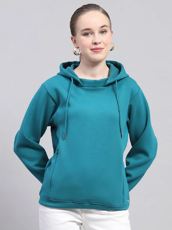 Women Teal Blue Solid Hooded Full Sleeve Sweatshirt