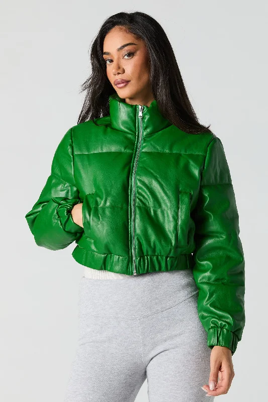 Faux Leather Cropped Puffer Jacket