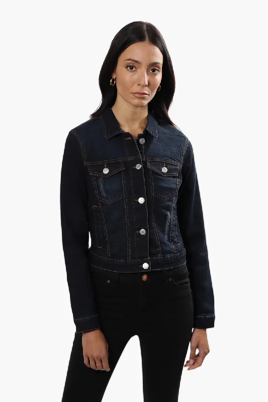 Button Front Cropped Denim Jacket - Navy