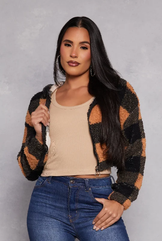 Buffalo Plaid Zip Front Hooded Cropped Jacket