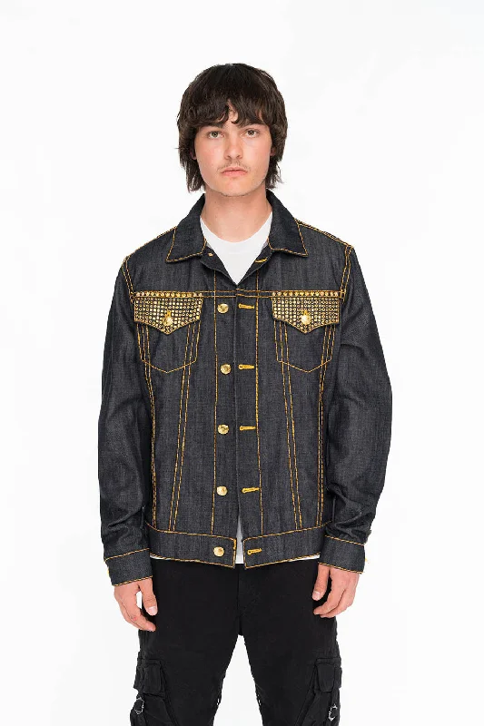 ROBINS RAW DENIM COLLECTION MENS JACKET IN RAW INDIGO DENIM WITH AURUM  CRYSTAL AND STUDS