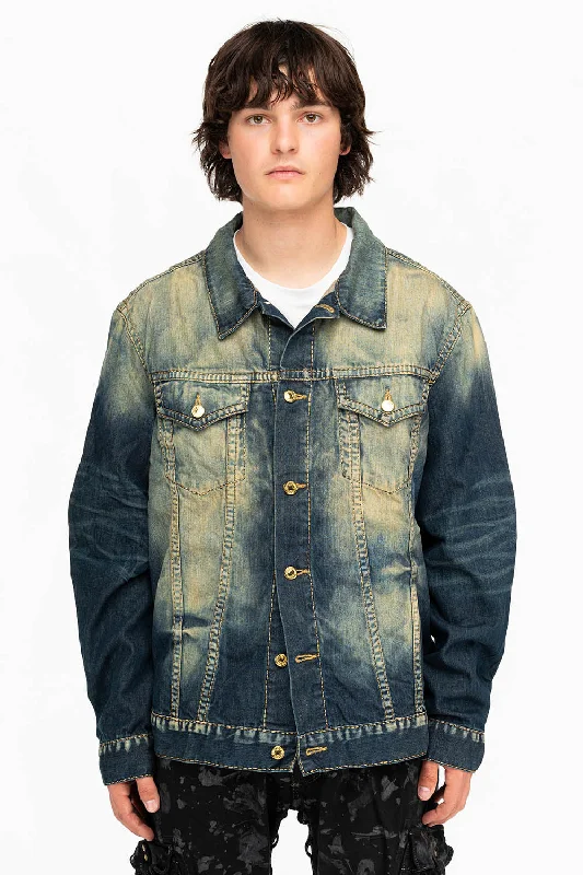 MENS DENIM JACKET IN ALBANY DARK WITH GOLD STITCHING AND WINGS