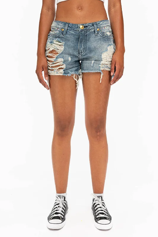 DESTROYED DENIM SHORTS WITH MULITCOLR CRYSTALS IN BLUE