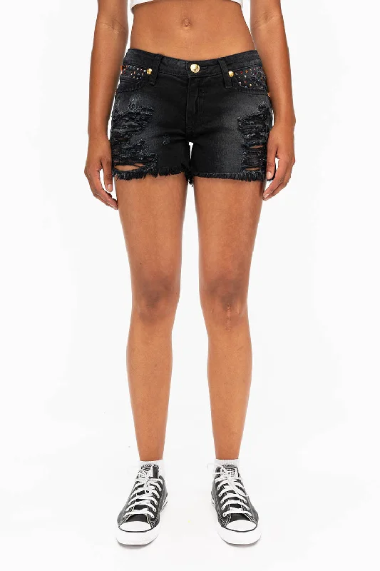 DESTROYED DENIM SHORTS WITH MULITCOLR CRYSTALS IN BLACK